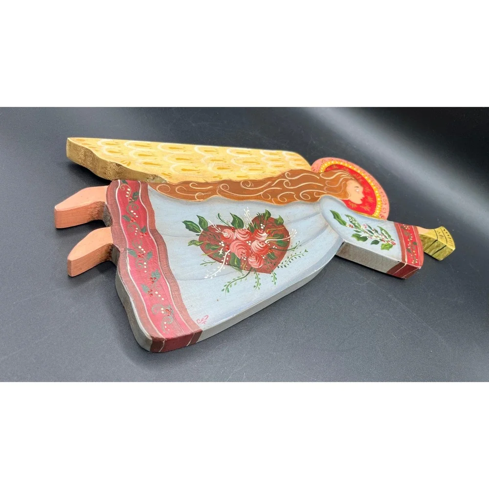 Hand Painted Wooden Angel Wall Hanging Trumpet Floral Folk Art Christmas Decor